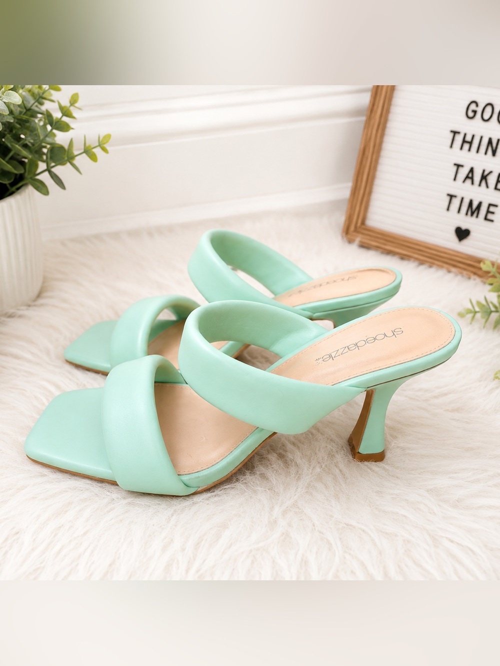 ShoeDazzle ‘Amora’ Heeled Sandal Mint Green Square Toe Mule Size 8.5 BRAND NEW!